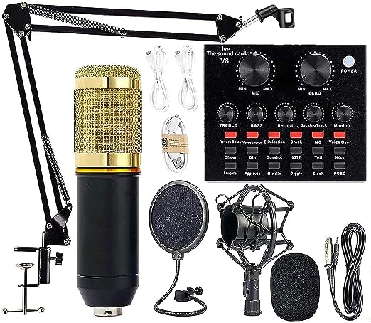 Professional Mic Condenser Microphone V8 Sound Card Set for Webcast Live Stream- Auxiliary